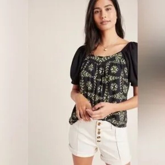 Anthropologie Maeve Catania Green Black Puff Sleeve Boho Peasant Top M - Picture 1 of 9